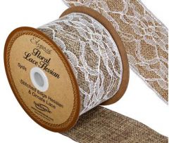 50mm Wide Floral Lace Hessian Ribbon - 4.5m ROLL