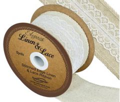50mm Stitched Edge Linen & White Lace Ribbon - 4.5m ROLL